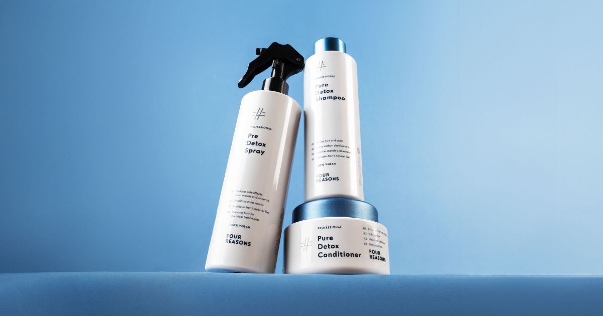 Professional Pure Detox -tuotteet. Pre Detox Spray, eli tekninen suihke, Pure Detox Conditioner eli hoitoaine ja Pure Detox Shampoo.