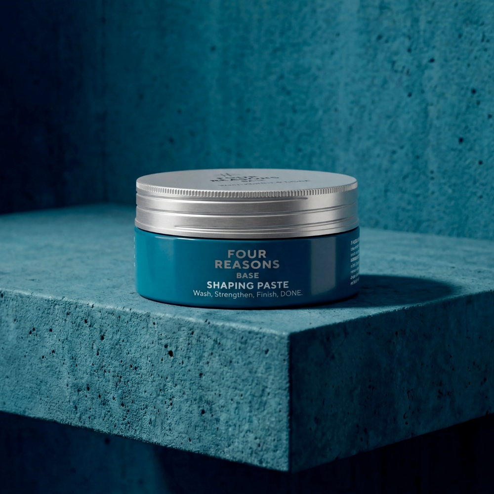 Four Reasons BASE Shaping Paste 100 ml hiusvaha petrolinsinisessä kylpyhuoneessa.